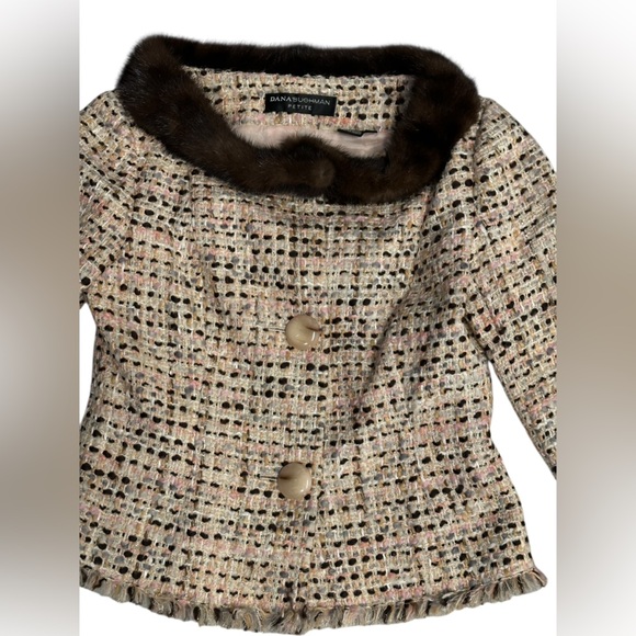 A370 Dana Buchman Mink Fur Trim Tweed Jacket Sz 4P Brown Pink Cream Luxury - Picture 4 of 10